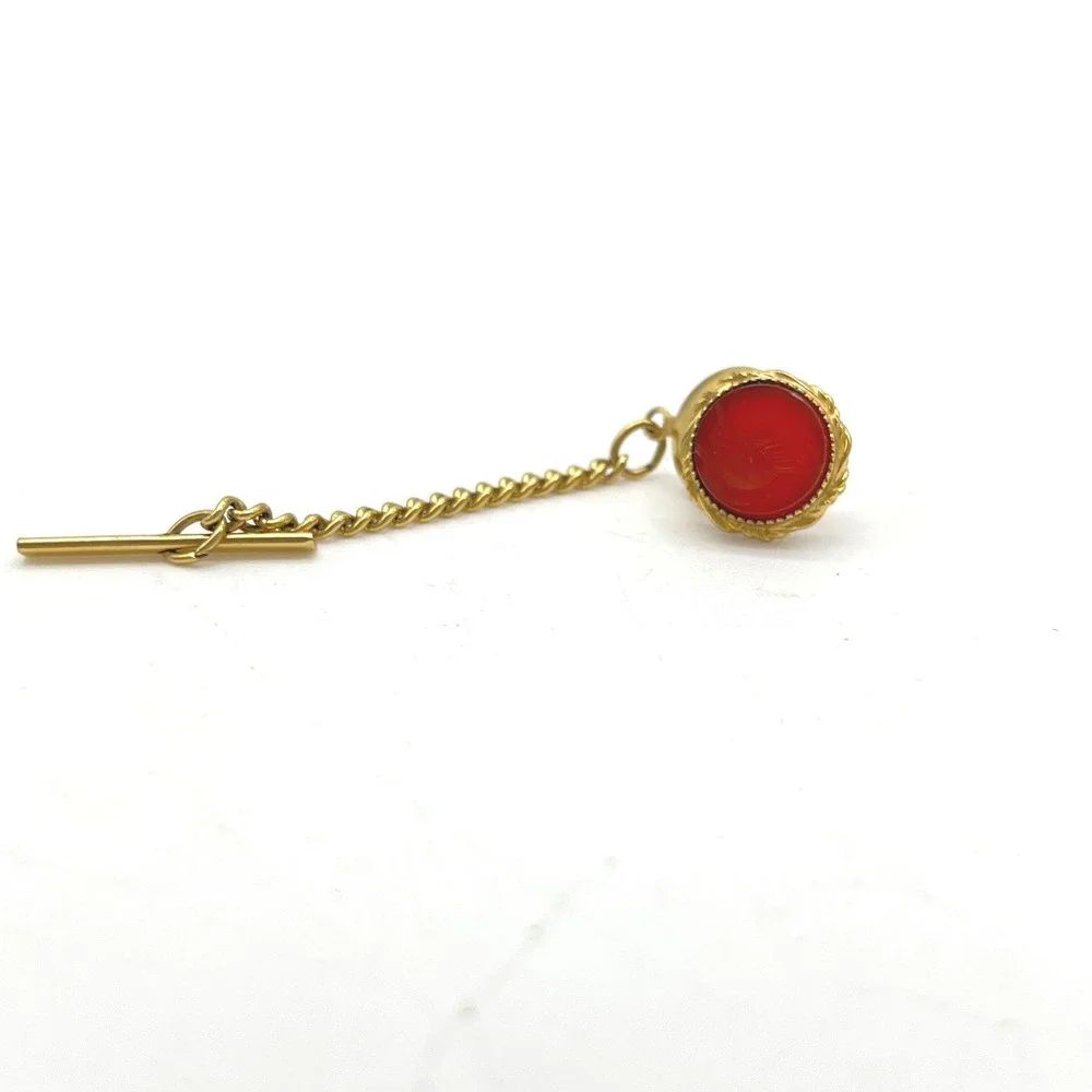 Vintage Gold Tone Red Intaglio Spartan‎ Tie Tack with Chain and T-Bar Accessory